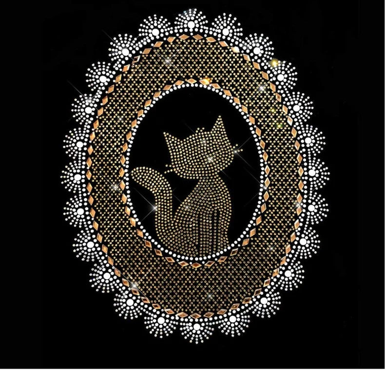 Gold Cat Iron on Heat Transfer Rhinestone Design By Rhinestop