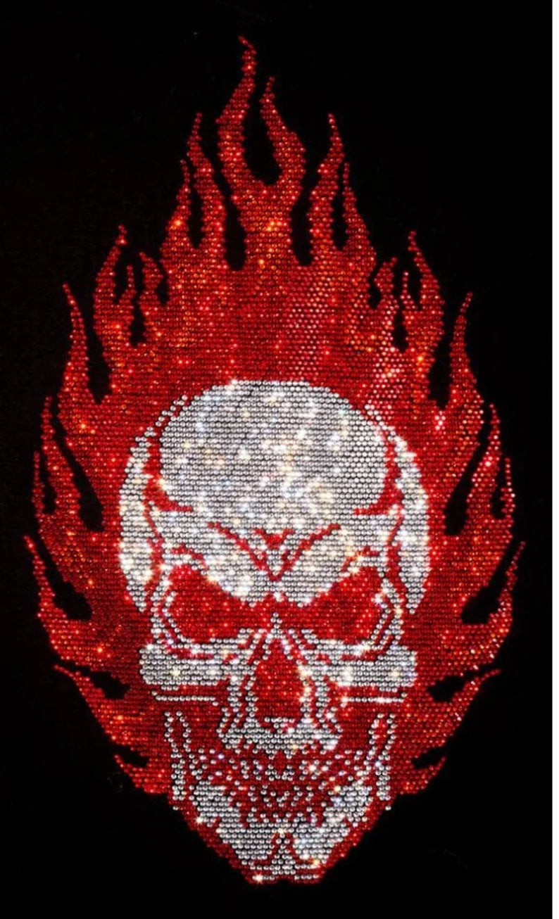 Skull iron on design , hot fix rhinestone skull patch , heat transfer skull applique , skull design for clothes