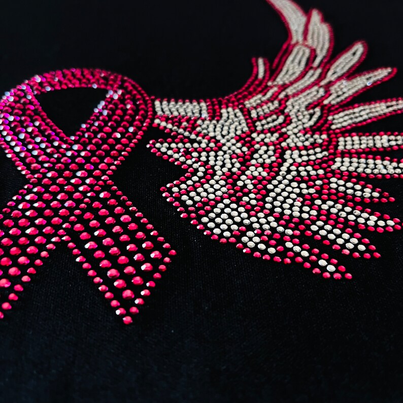 Breast cancer ribbon, heat transfer pink ribbon patch , iron on bling pink ribbon design , hot fix pink ribbon applique , bling pink ribbon