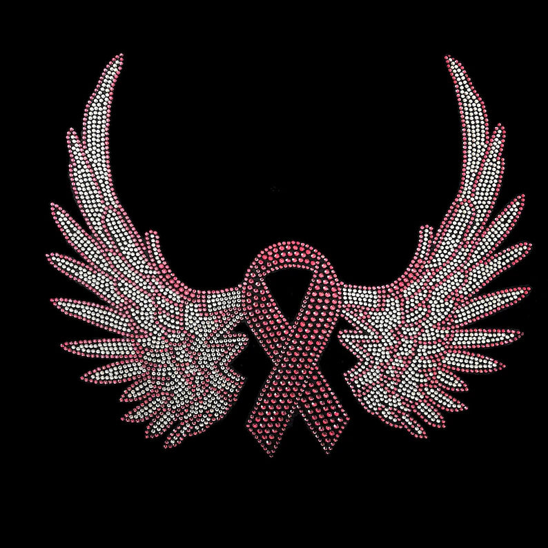 Breast cancer ribbon, heat transfer pink ribbon patch , iron on bling pink ribbon design , hot fix pink ribbon applique , bling pink ribbon