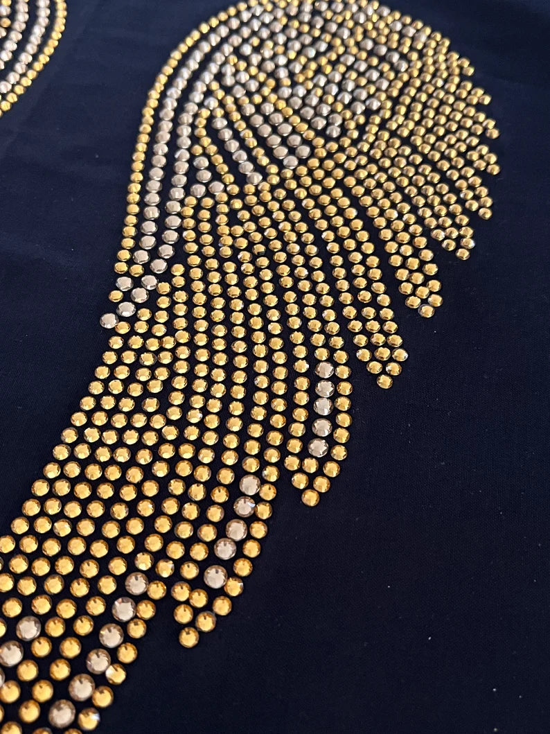 Gold Angel wing design , rhinestone gold angel wings ,heat transfer Gold angel wings for shirts , wings for angels , hot fix iron on