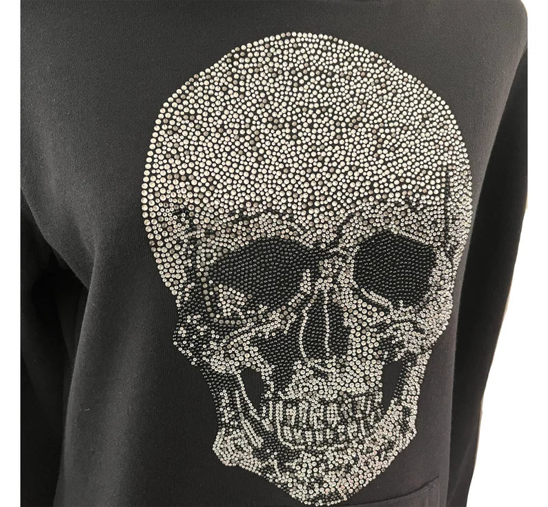 Skull rhinestone transfer hoodie , crystal skull design sweater , skeleton black hoodie , rhinestone skull applique pull over ,