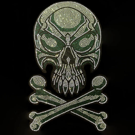 Skull design iron on patches , rhinestone skeleton applique , hot fix green skull with cross bones , heat transfer bedazzle skull design
