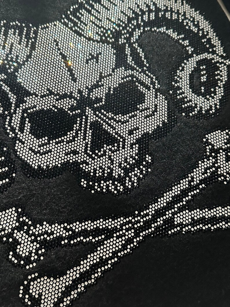 Skeleton design , hot fix rhinestone evil skull patch , sparkle skull applique , heat transfer cross bone skull decal