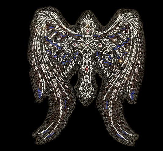 Angel cross wing rhinestone design , rhinestone angels wing with cross patch, hot fix iron on angel wing transfer ,heat transfer angel wing