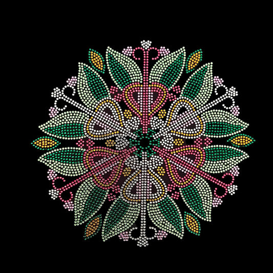 Rhinestop GreenPink Flower Mandala Iron on Rhinestone Design