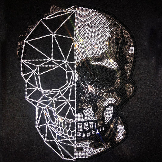 Rhinestop Silver Half Skull Rhinestone Iron On Heat Transfer