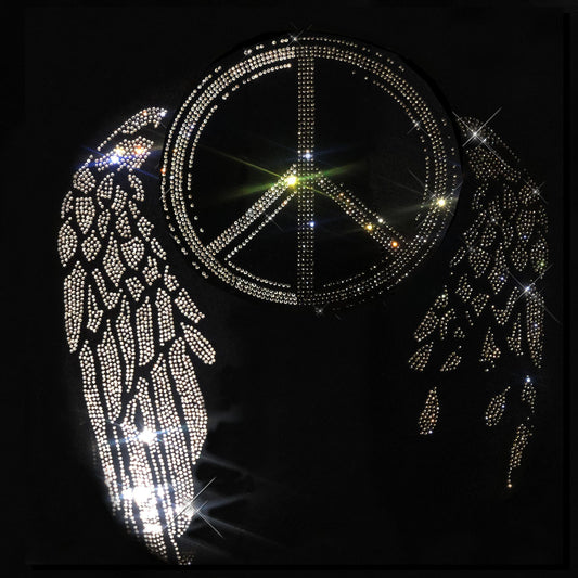 Rhinestop Silver Peace with Angel Wings Iron on Rhinestone Design