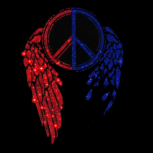 Red Blue Peace with Angel Wings Iron on Rhinestone Transfer Design By Rhinestop