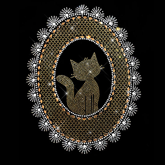 Framed Gold Cat Iron on Rhinestone patches Design By Rhinestop