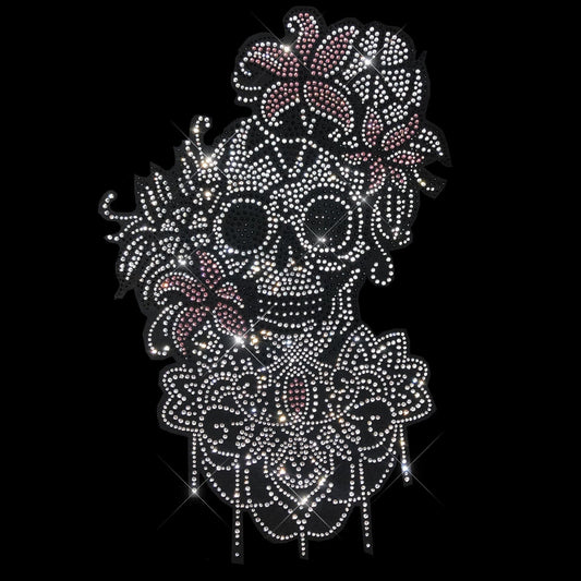 Rhinestop Flower Skull Iron on Rhinestone Design